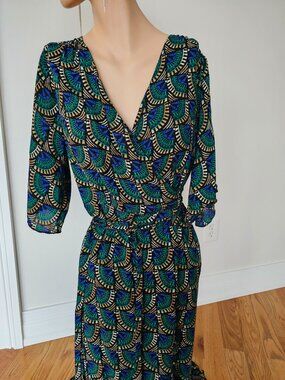 Silk and Salt peacock midi wrap dress